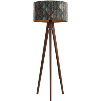 QAZQA Qazqa - Walnut Wood Floor Lamp with Velvet Lampshade Leaf Design 50cm - Tripod Classic