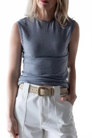 Alysi Jersey Top With Rhinestones In Grigio
