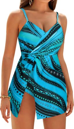 Grace Karin Womens Tropical Print One Piece Swimsuit Beach Dress with Suspenders A Line Slit V Neck Swimwear Teal Waves 2XL