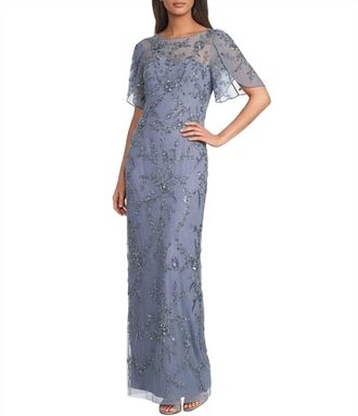 Adrianna Papell Formal Beaded Mesh Long Petal Dress In Cool Wisteria