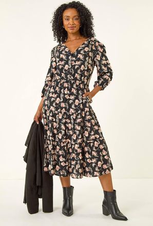 Roman Floral Tiered Midi Dress