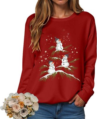 Generic Christmas Sweatshirts Women UK Xmas Top Ladies Merry Christmas Tree and Snowflake Printed Top Crewneck Long Sleeve Loose Fit Funny Reindeer Xmas Jumpe