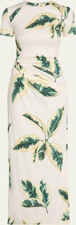Oscar De La Renta Short-Sleeve Ficus-Print Draped Maxi Dress