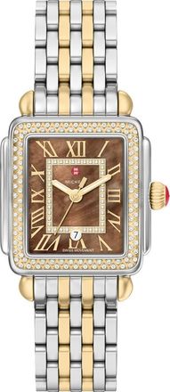 Michele Deco Madison Mid Two-Tone 18K Gold Plate Diamond & Mother-of-Pearl Bracelet Watch, 29mm x 31mm in Two Tone at Nordstrom