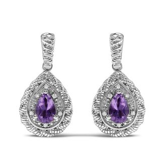 House of Brilliance Sterling Silver Pear Cut Amethyst and Diamond Accent Teardrop Drop Earrings
