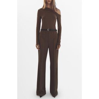 Mango Belted Long Sleeve One-Shoulder Jumpsuit in Brown at Nordstrom Rack, Size Medium