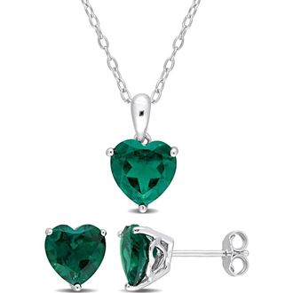 Delmar Heart Cut Lab Created Emerald Solitaire Pendant Necklace & Stud Earrings Set in Green at Nordstrom Rack