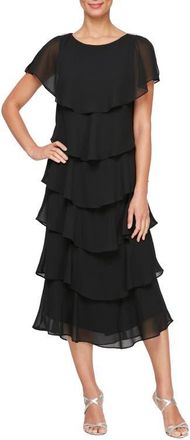 S.L. Fashions Tiered Chiffon Midi Dress in Black at Nordstrom, Size 14