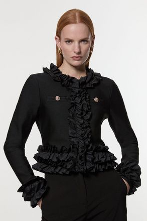 Karen Millen Womens Figure Form Bandage Knit Jacket With Woven Ruffle Trim - Black - Size 16 UK