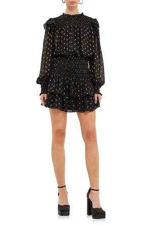 endless rose Metallic Dot Shirred Long Sleeve Chiffon Minidress in Black at Nordstrom, Size X-Small