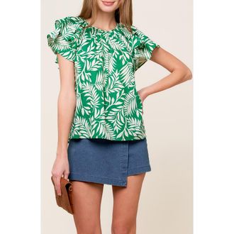 Flying Tomato Flutter Sleeve Woven Top in Green Ivory at Nordstrom Rack, Size Medium