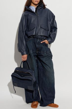 Loewe Leather Jacket With Stand-up Collar, Womens, Navy Blue