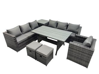 Fimous 9 Seater Garden Rattan Furniture Set with Side Table 2 Small Stools in Dark Grey