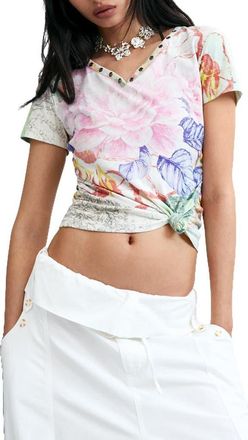 Desigual Floral V-Neck Cotton Jersey Top in Multi at Nordstrom, Size X-Small