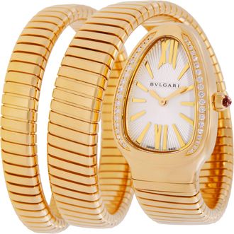 Bulgari Serpenti Tubogas Silver Opaline Dial 18k Yellow Gold Quartz Ladies Watch 101923