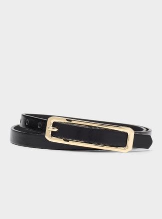 Simons Womens Elongated-buckle glossy leather thin belt