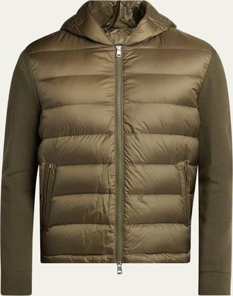 Moncler Mens Padded Nylon Knit-Sleeve Hooded Cardigan