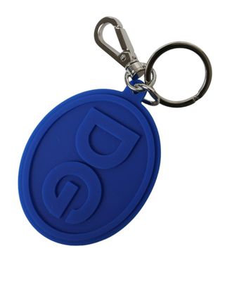 Dolce & Gabbana Womens Blue Rubber Dg Logo Silver Brass Metal Keyring Keychain Accessory