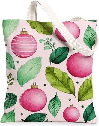 Generic Christmas Peach Floral Canvas Tote Bags, Leaf Pattern Reusable Grocery Bags, Winter Vintage Lightweight Washable Shoulder S, Peach, 13x15 Inch