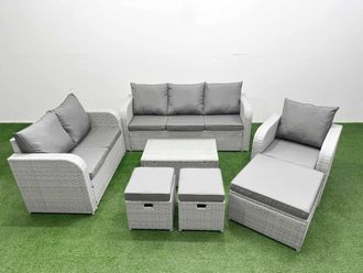 Fimous Patio PE Wicker 9 Seater Outdoor Rattan Furniture Sofa Sets w/ Rectangular Coffee Table Reclining Chair Loveseat Sofa 3 Seater Sofa Stool