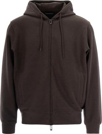 Emporio Armani Jacquard Double Jersey Zip-Up Hooded Sweatshirt - Heren - Vesten met rits - Bruin - S - Hoodies & sweatvesten