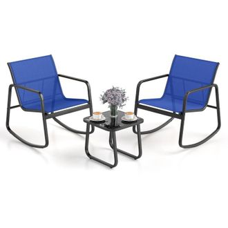 Costway Set Tavolino e Sedie da Giardino, Set di Mobili a Dondolo, Set Bistr&ograve; 3 Pezzi, Tavolino in Vetro Temperato, Sedie in Textilene, per Giardino