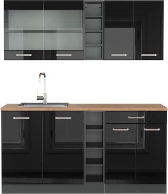 Vicco Cocina Vers&aacute;til R-line, Negro/antracita De Alto Brillo, 160 Cm, Et Roble