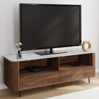 IDMarket Mueble Tv 140 Cm Marla Efecto Listones Nogal Con 2 Cajones Y Encimera De M&aacute;rmol Blanco Alaska