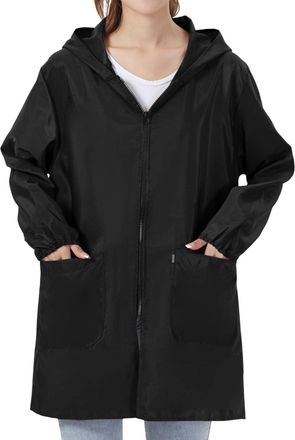Generic Plus Size Rain Coats For Women Mid Long Hooded Windproof Waterproof Full Zip Raincoat With Large Pockets Loose Fit Jacket For Daily Commute Rainy Days