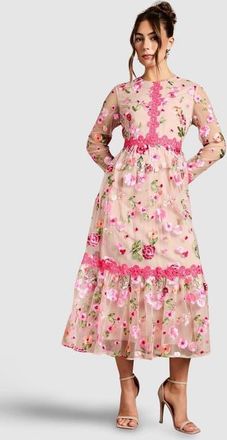 Coast Embroidered Floral Midi Dress in Nude at Nordstrom, Size 10