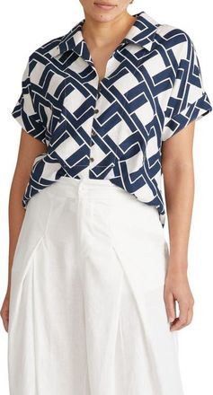 Universal Standard Sandy Print Linen Blend Button-Up Shirt in Geometrica Print at Nordstrom, Size Xl