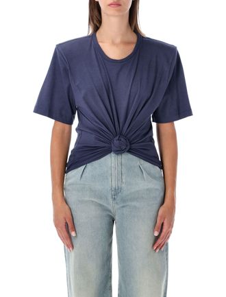 Magda Butrym Front Knot Draped Blue T-Shirt With Removable Shoulder Pads