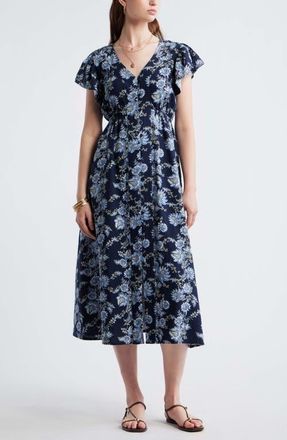 Treasure & Bond Short Sleeve Button Down Linen Blend Midi Dress in Navy Cottage Floral Stripe at Nordstrom, Size Xx-Small