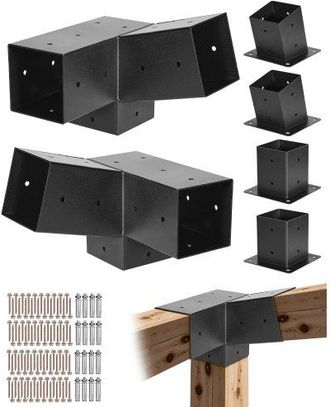 OEM Kit De Soportes Inclinados Para P&eacute;rgola De 3 V&iacute;as 10 X 10 Cm Para Vigas De Madera 92 X 92 Mm En Tama&ntilde;o Real, Con 2 Bases Para Postes Y 2 Bases De Mont