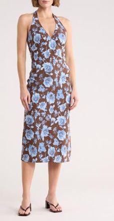 Leith Halter Neck Midi Dress in Brown- Blue Hibiscus at Nordstrom Rack, Size X-Small