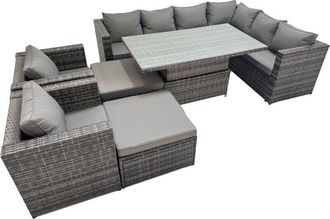 Fimous Fimous 10 Seater Rattan Height Adjustable Rising Lifting Table Corner Sofa Sets with 2 Chairs 2 Big Stools Dark Grey Mixed