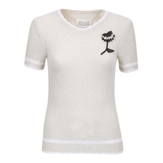 Maison Margiela V-neck Knitwear, female, Beige, XS, Flower Pullover Knit with Short Sleeves