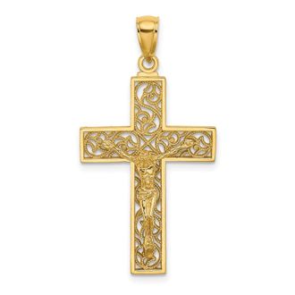 Diamond2Deal 14k Yellow Gold Textured Swirl Design Crucifix Charm Pendant