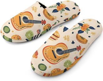 Generic Guitar Cactus Burger Mens Slippers Flannel Warm House Shoes with Rubber Anti-Slip Sole Slip On for Home Outdoor