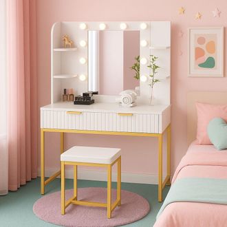 Kosy Koala Dressing Table Set with Bulb Lights Mirror, Side Shelves & Stool - White & Gold - Hollywood Style