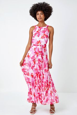 Roman Floral Halter Neck Pleated Chiffon Maxi Dress