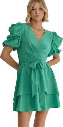 Entro Agatha Surplice Ruched Sleeve Tiered Mini Dress In Fern