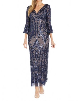 R & M Richards Contrast Sequin Gown In Navy/nude