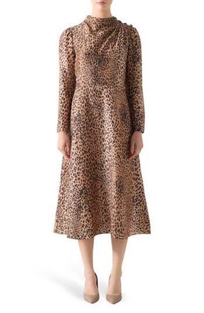 L.k. Bennett Samantha Print Long Sleeve Midi Dress in Brown at Nordstrom Rack, Size 10