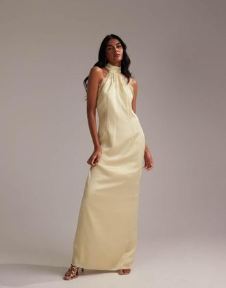 Asos Bridesmaids lace detail halter column maxi dress in soft yellow
