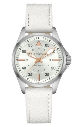 Hamilton Khaki Aviation Pilot Automatic Leather Strap Watch, 36mm in Silver at Nordstrom