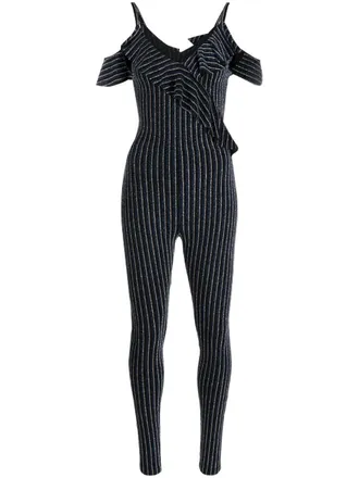 Dsquared2 ruffled glitter-stripes V-neck jumpsuit - women - Polyamide/Elastane/Polyester - M - Black