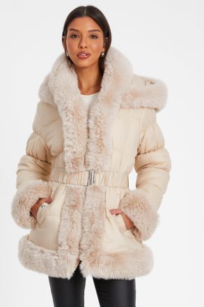 Quiz Womens Stone Padded Faux Fur Trim Jacket - Size 10 UK