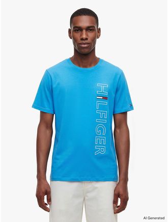 Tommy Hilfiger Mens Vertical Hilfiger Logo T-Shirt - Blue - XXL