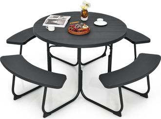 Costway Conjunto De Mesa De Camping Con Banco, 8 Personas, Mesa Camping Redonda Con 4 Bancos,hdpe, Orificio Para Sombrilla, Mesa Y Sillas Jardin Patio Terraza